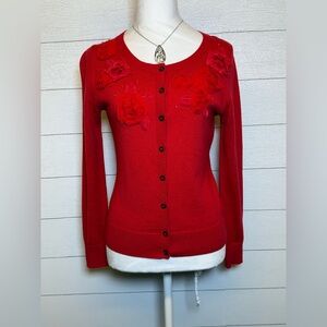 Banana Republic Red Floral Applique Button Cardigan Merino Wool Blend Size Small